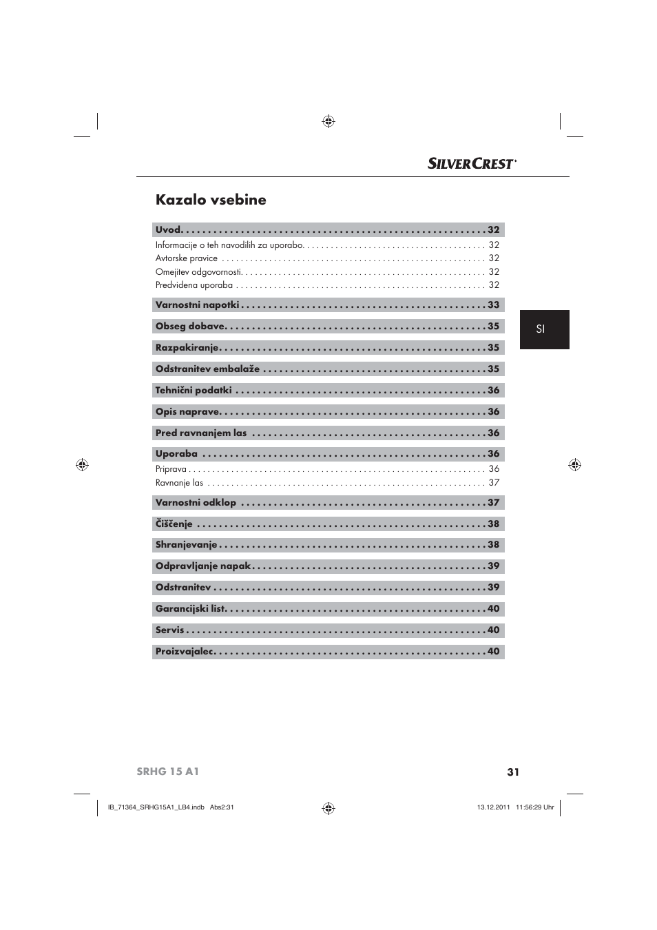 Kazalo vsebine | Silvercrest SRHG 15 A1 User Manual | Page 33 / 72