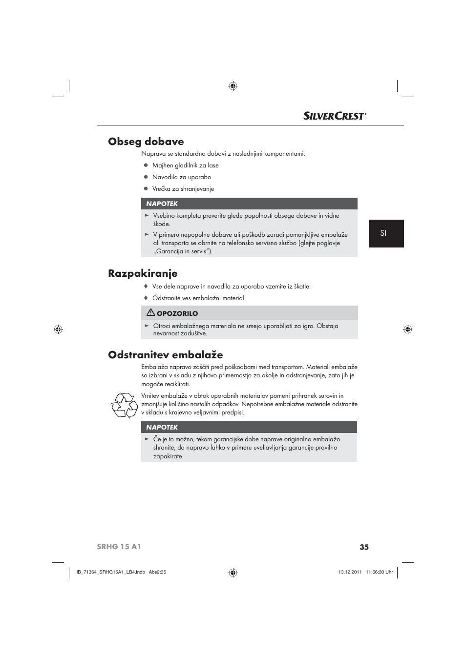 Obseg dobave, Razpakiranje, Odstranitev embalaže | Silvercrest SRHG 15 A1 User Manual | Page 37 / 72
