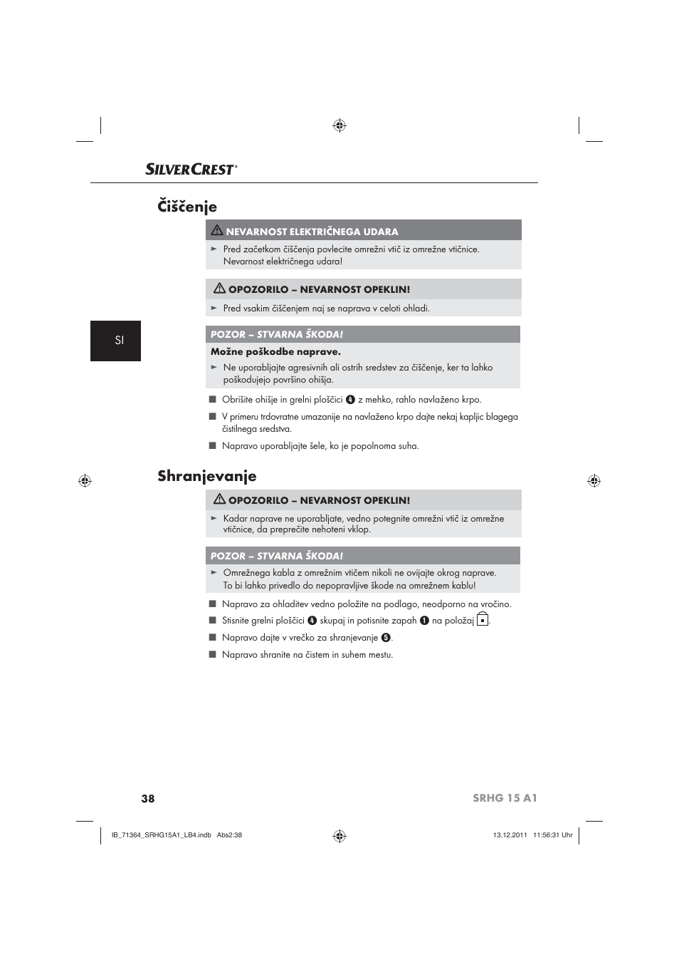 Čiščenje, Shranjevanje | Silvercrest SRHG 15 A1 User Manual | Page 40 / 72