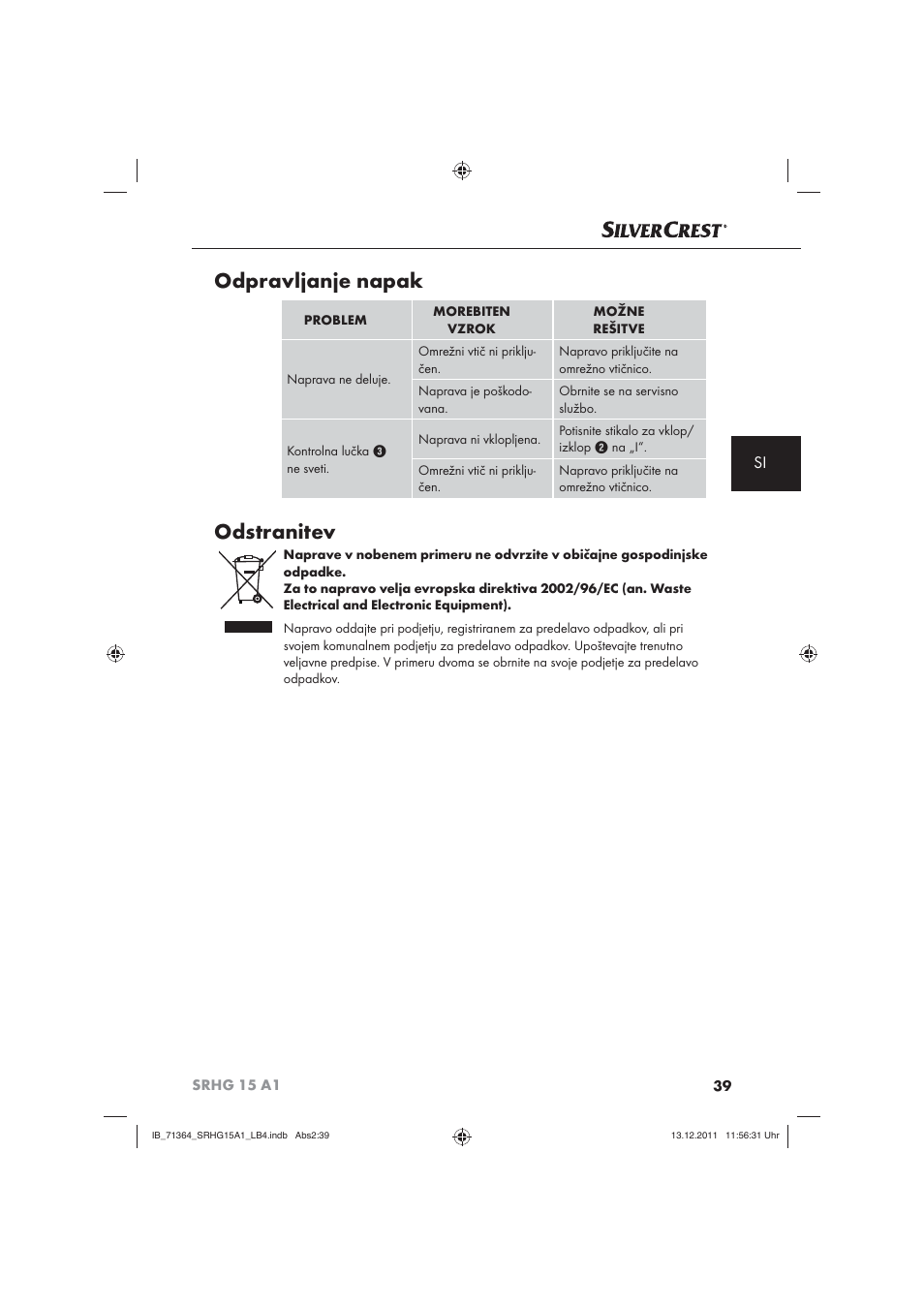 Odpravljanje napak, Odstranitev | Silvercrest SRHG 15 A1 User Manual | Page 41 / 72