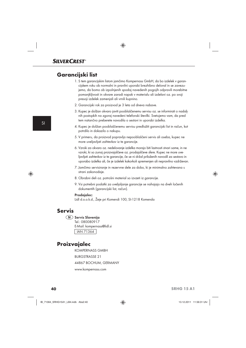 Garancijski list, Servis, Proizvajalec | Silvercrest SRHG 15 A1 User Manual | Page 42 / 72
