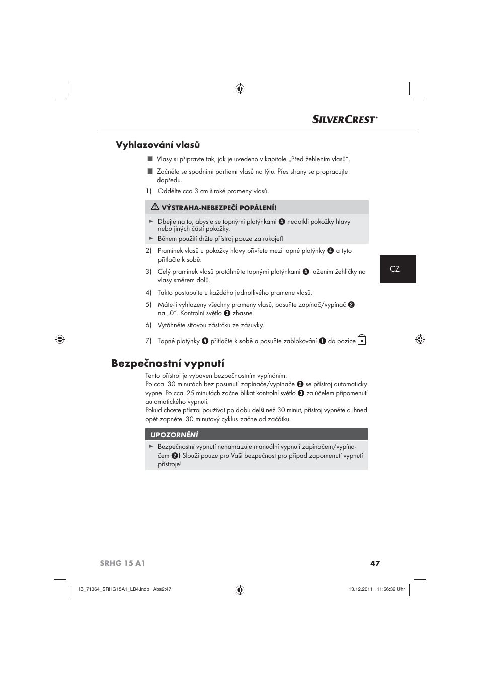 Bezpečnostní vypnutí, Vyhlazování vlasů | Silvercrest SRHG 15 A1 User Manual | Page 49 / 72