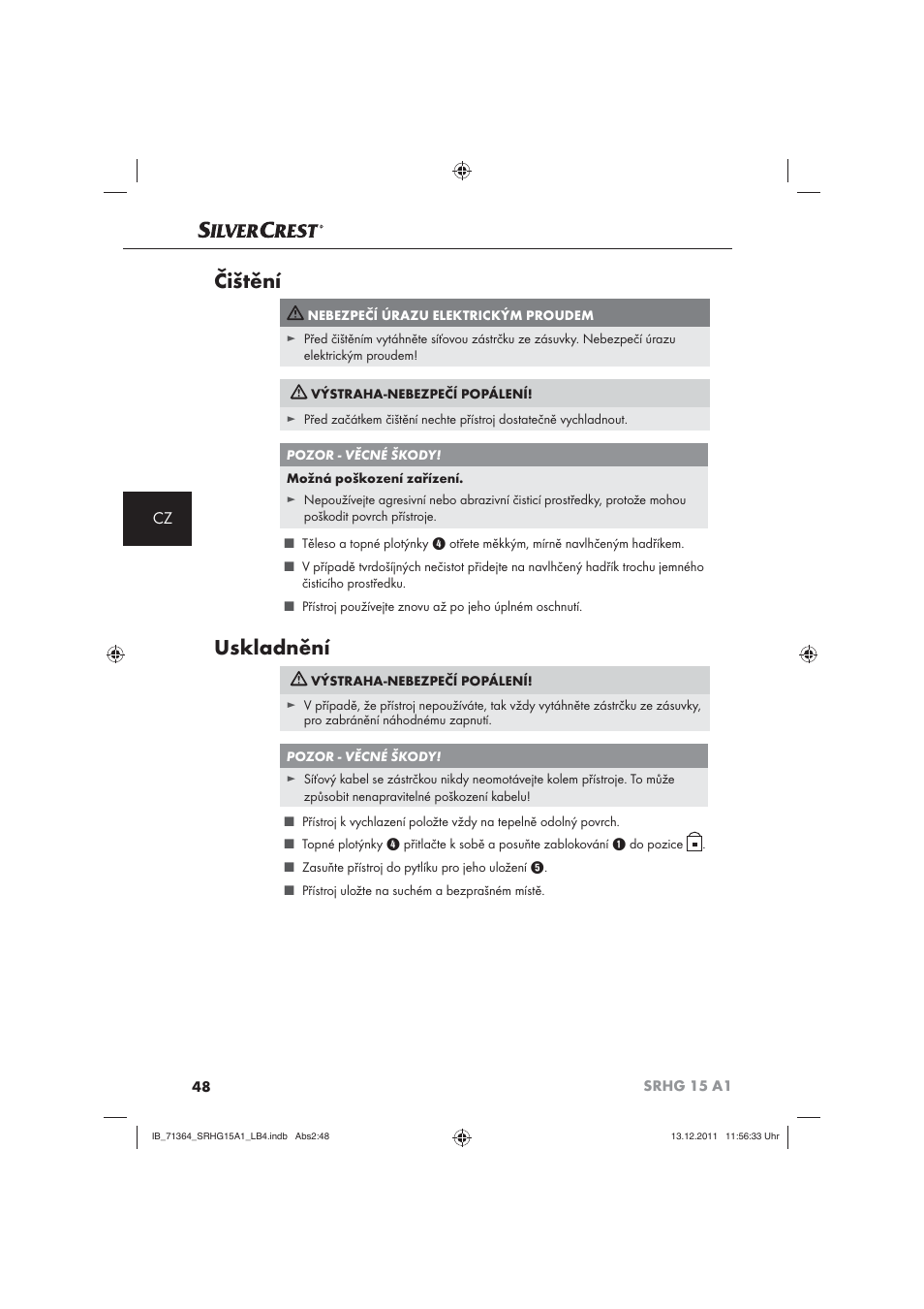 Čištění, Uskladnění | Silvercrest SRHG 15 A1 User Manual | Page 50 / 72