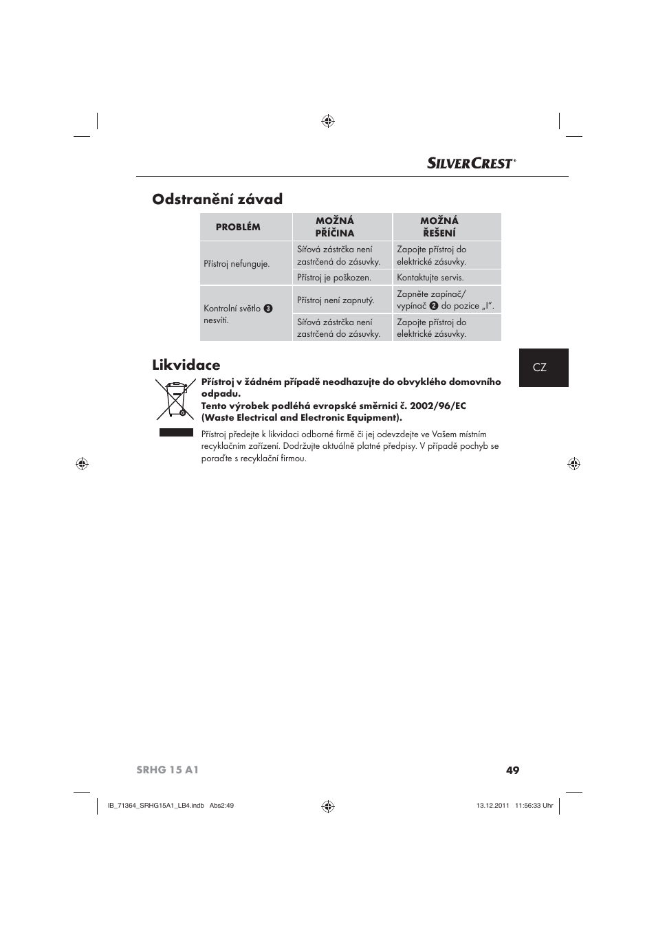 Odstranění závad, Likvidace | Silvercrest SRHG 15 A1 User Manual | Page 51 / 72
