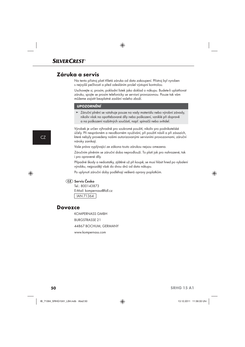 Záruka a servis, Dovozce | Silvercrest SRHG 15 A1 User Manual | Page 52 / 72