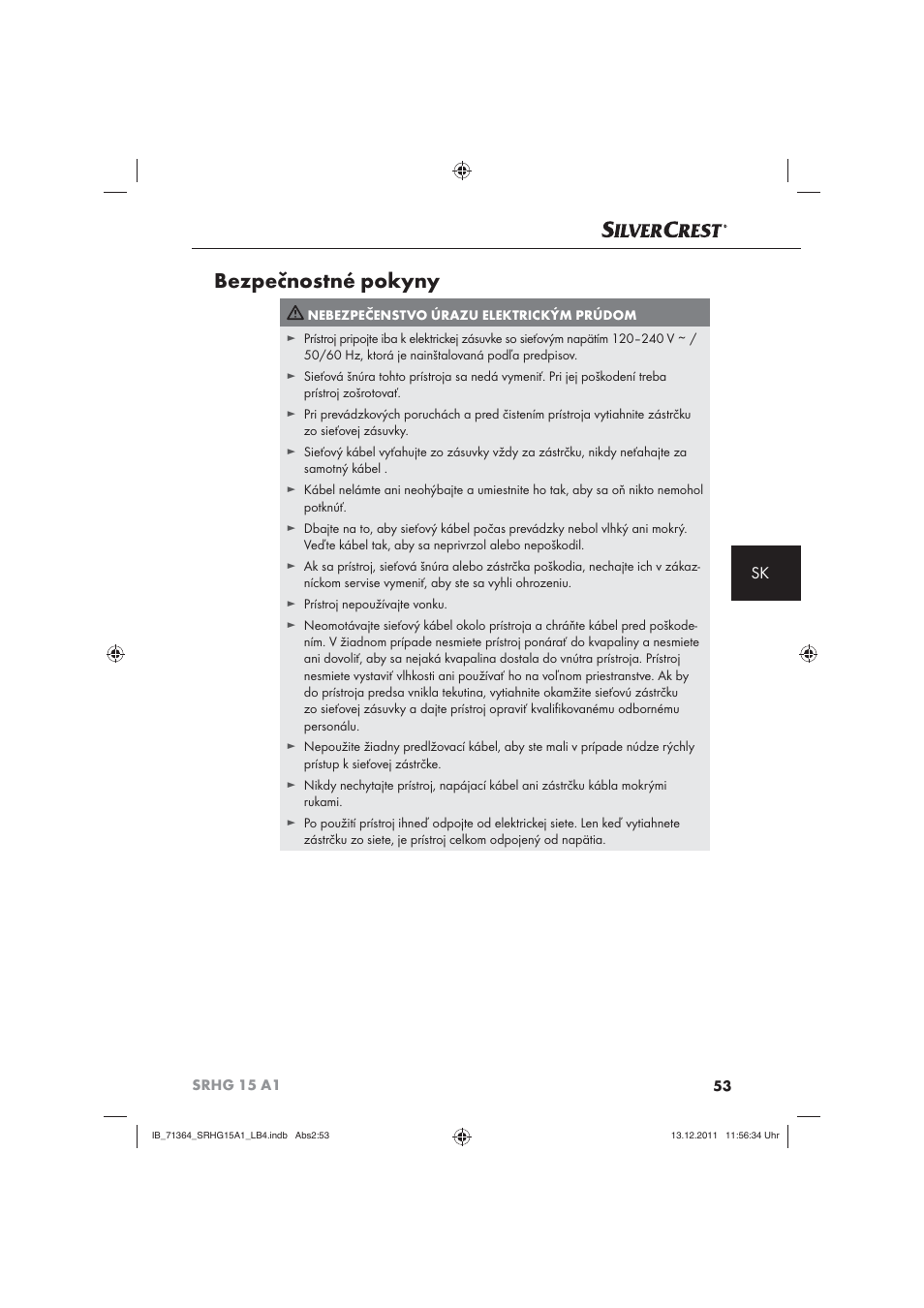 Bezpečnostné pokyny | Silvercrest SRHG 15 A1 User Manual | Page 55 / 72