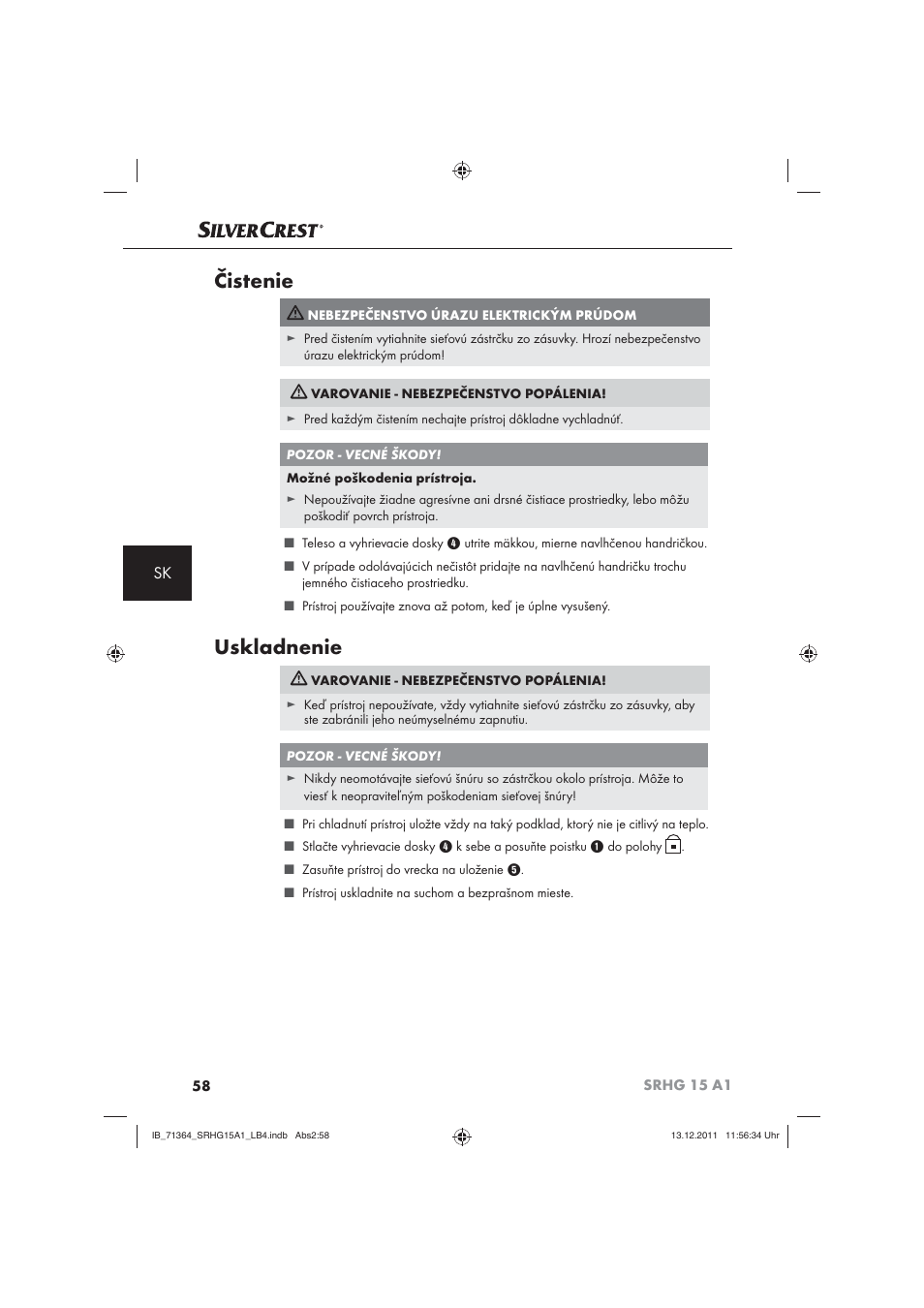 Čistenie, Uskladnenie | Silvercrest SRHG 15 A1 User Manual | Page 60 / 72