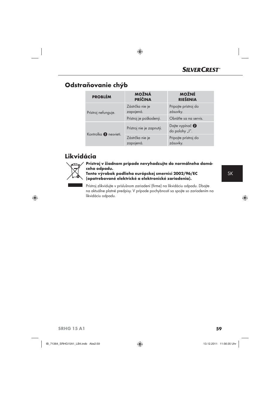 Odstraňovanie chýb, Likvidácia | Silvercrest SRHG 15 A1 User Manual | Page 61 / 72