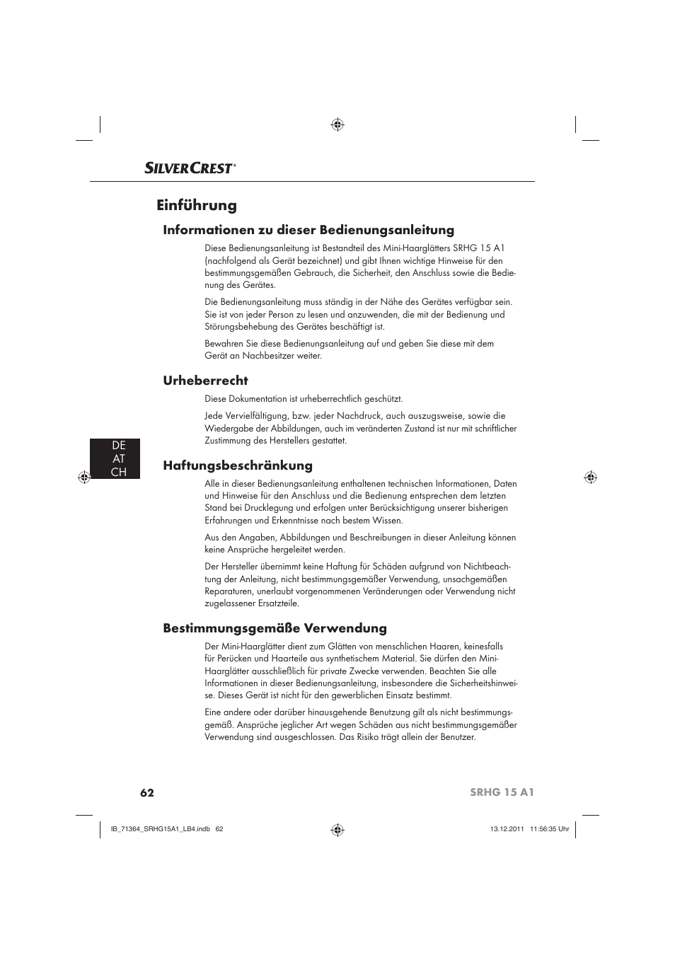 Einführung, Informationen zu dieser bedienungsanleitung, Urheberrecht | Haftungsbeschränkung, Bestimmungsgemäße verwendung, De at ch | Silvercrest SRHG 15 A1 User Manual | Page 64 / 72