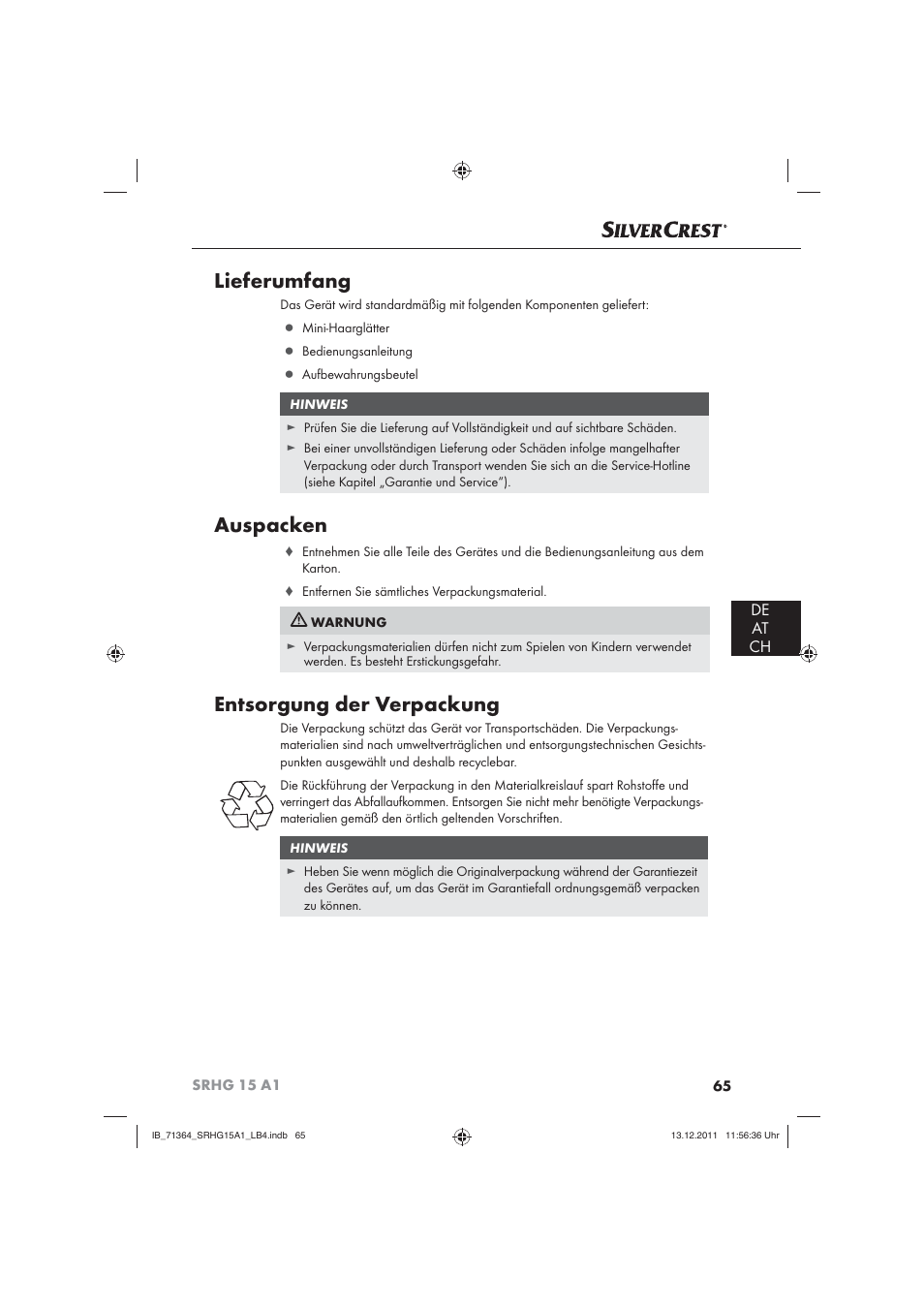 Lieferumfang, Auspacken, Entsorgung der verpackung | De at ch | Silvercrest SRHG 15 A1 User Manual | Page 67 / 72