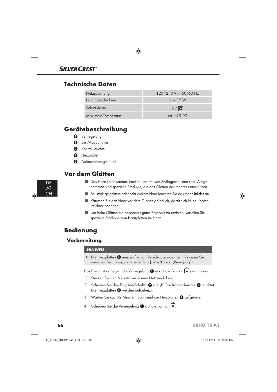 Technische daten, Gerätebeschreibung, Vor dem glätten | Bedienung, Vorbereitung, De at ch | Silvercrest SRHG 15 A1 User Manual | Page 68 / 72
