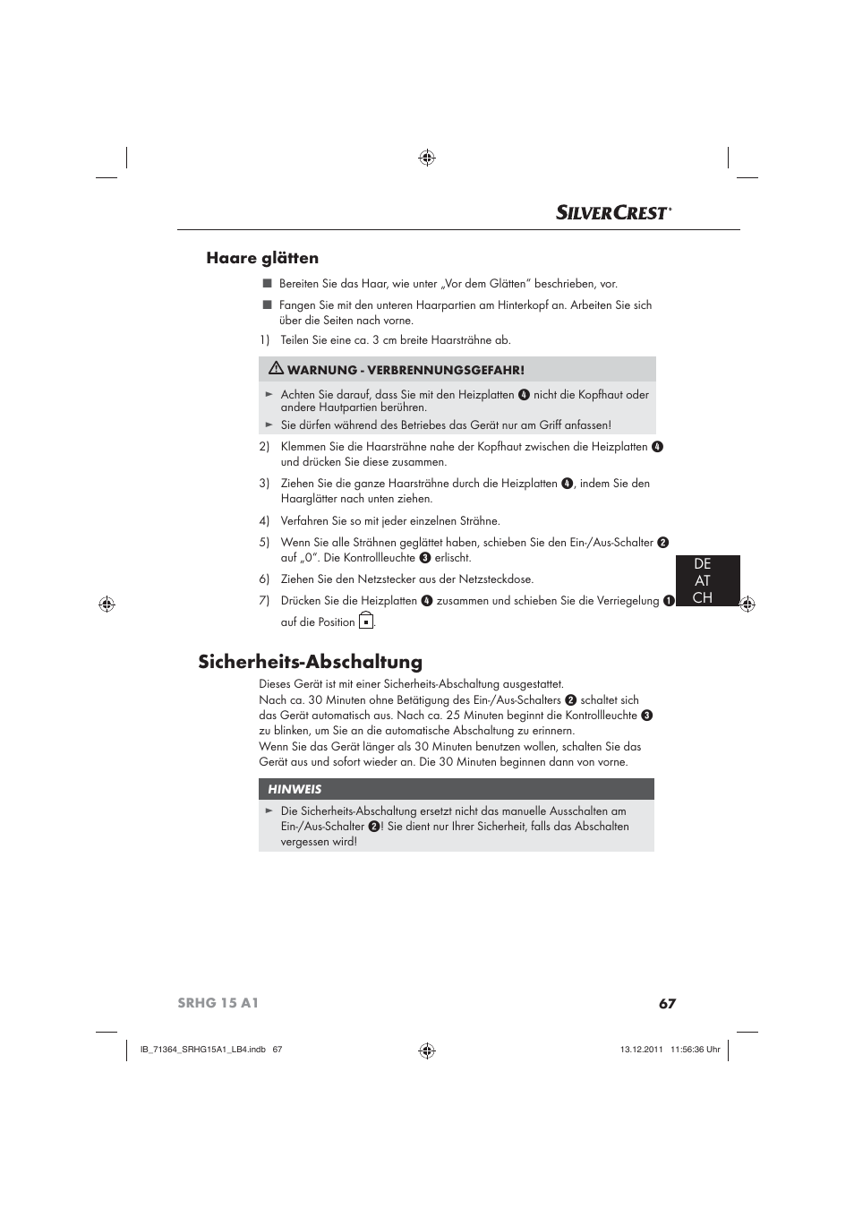 Sicherheits-abschaltung, Haare glätten, De at ch | Silvercrest SRHG 15 A1 User Manual | Page 69 / 72