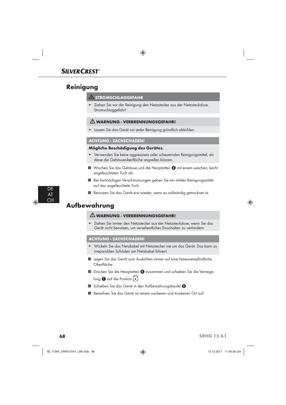 Reinigung, Aufbewahrung, De at ch | Silvercrest SRHG 15 A1 User Manual | Page 70 / 72