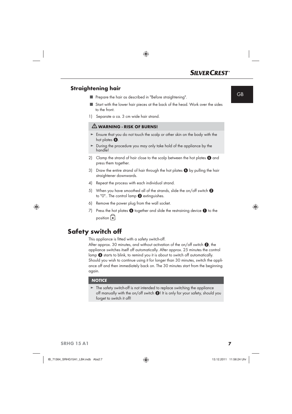 Safety switch oﬀ, Straightening hair | Silvercrest SRHG 15 A1 User Manual | Page 9 / 72