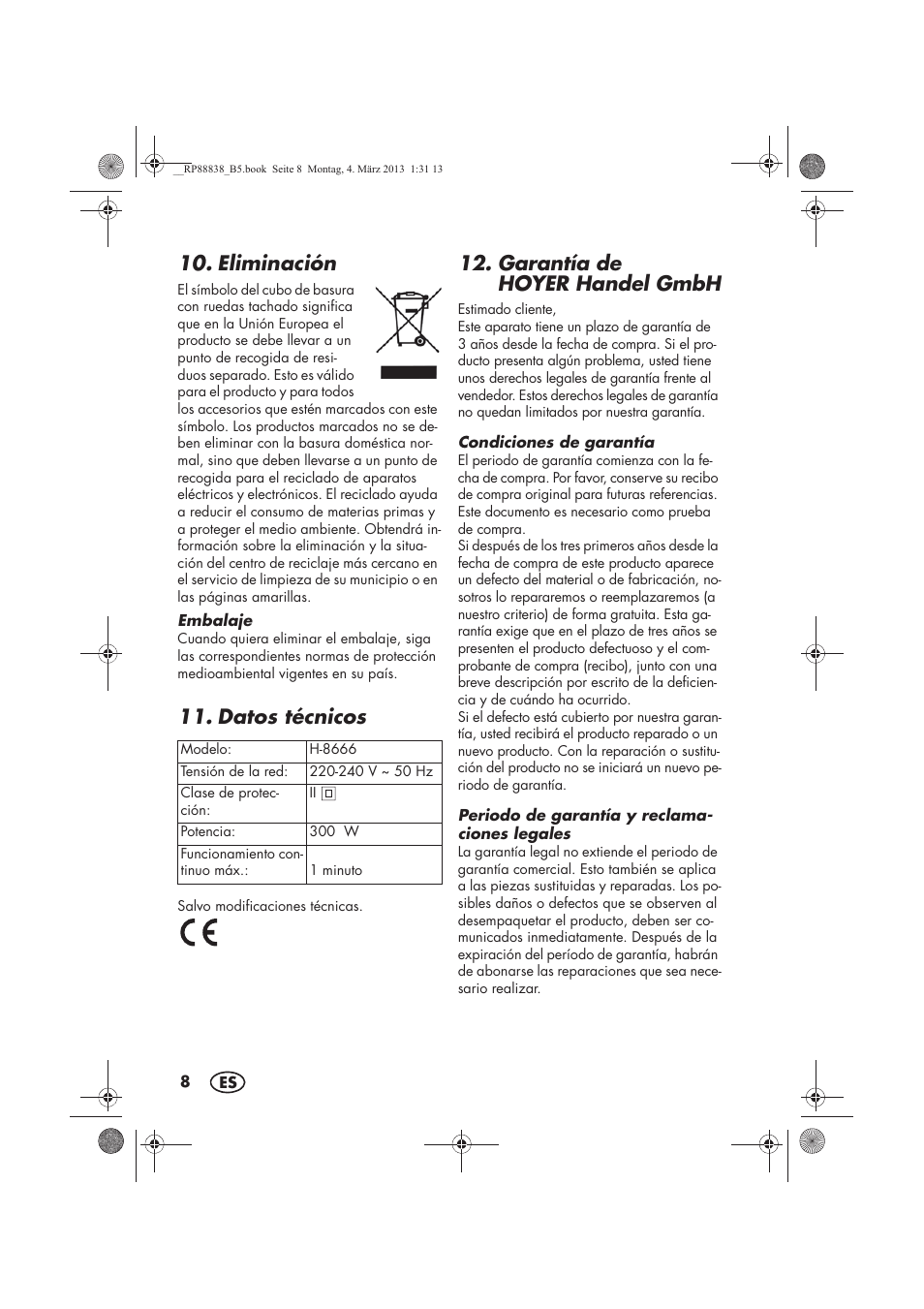 Eliminación, Datos técnicos, Garantía de hoyer handel gmbh | Silvercrest H-8666 User Manual | Page 10 / 46