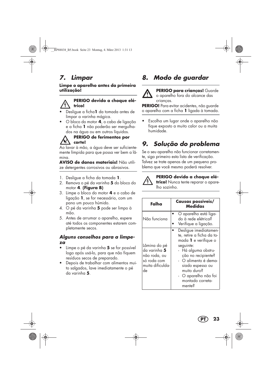 Limpar, Modo de guardar, Solução do problema | Silvercrest H-8666 User Manual | Page 25 / 46