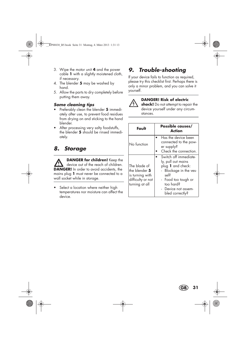 Storage, Trouble-shooting | Silvercrest H-8666 User Manual | Page 33 / 46