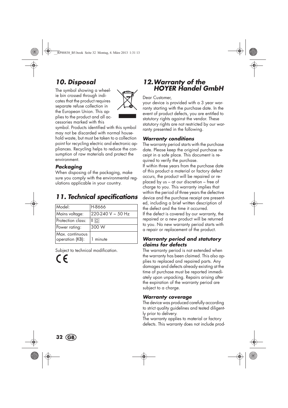 Disposal, Technical specifications, Warranty of the hoyer handelgmbh | Silvercrest H-8666 User Manual | Page 34 / 46