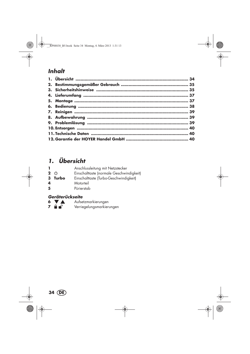 Inhalt, Übersicht | Silvercrest H-8666 User Manual | Page 36 / 46