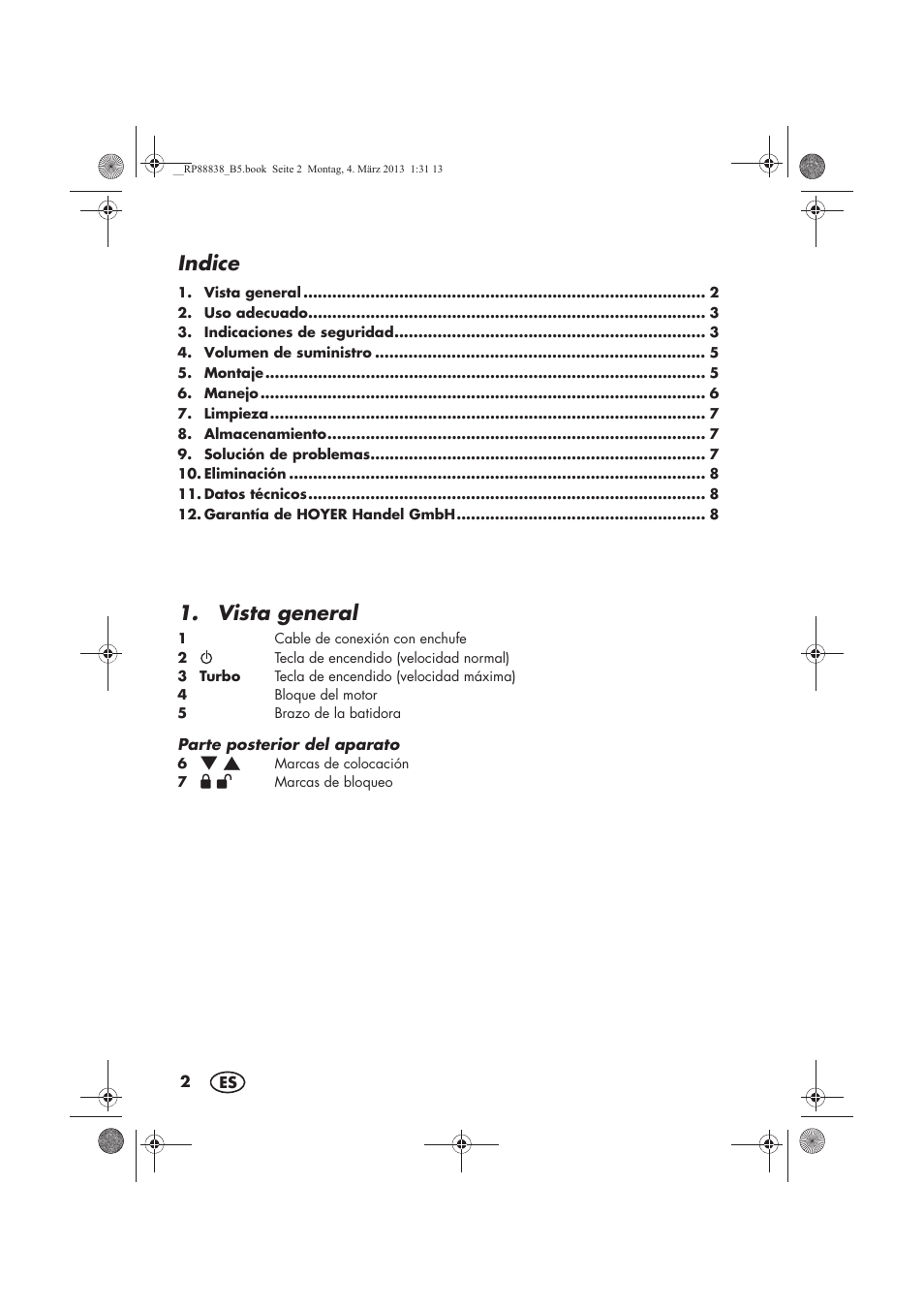 Indice, Vista general | Silvercrest H-8666 User Manual | Page 4 / 46