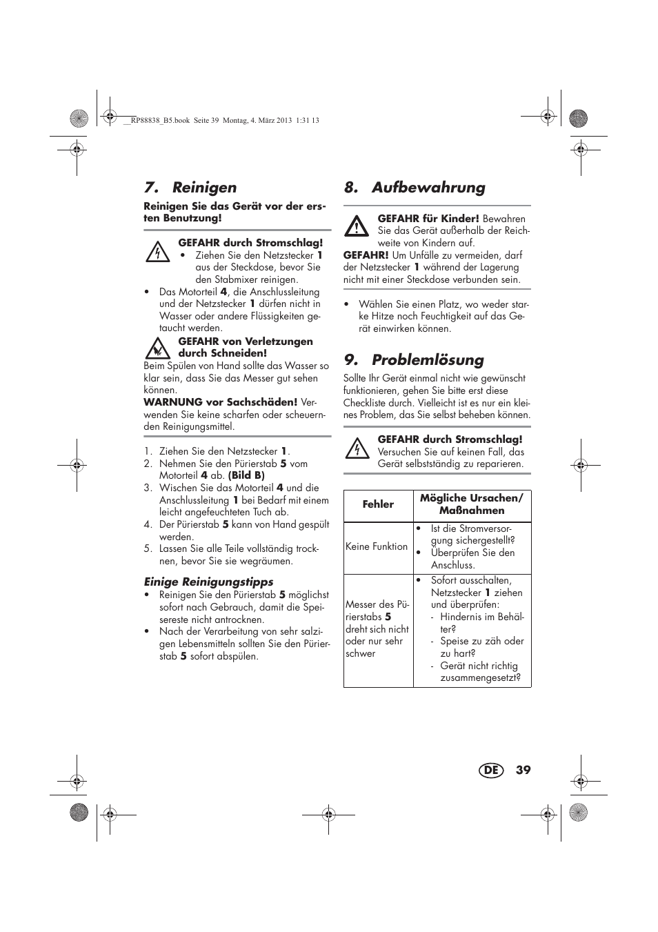 Reinigen, Aufbewahrung, Problemlösung | Silvercrest H-8666 User Manual | Page 41 / 46