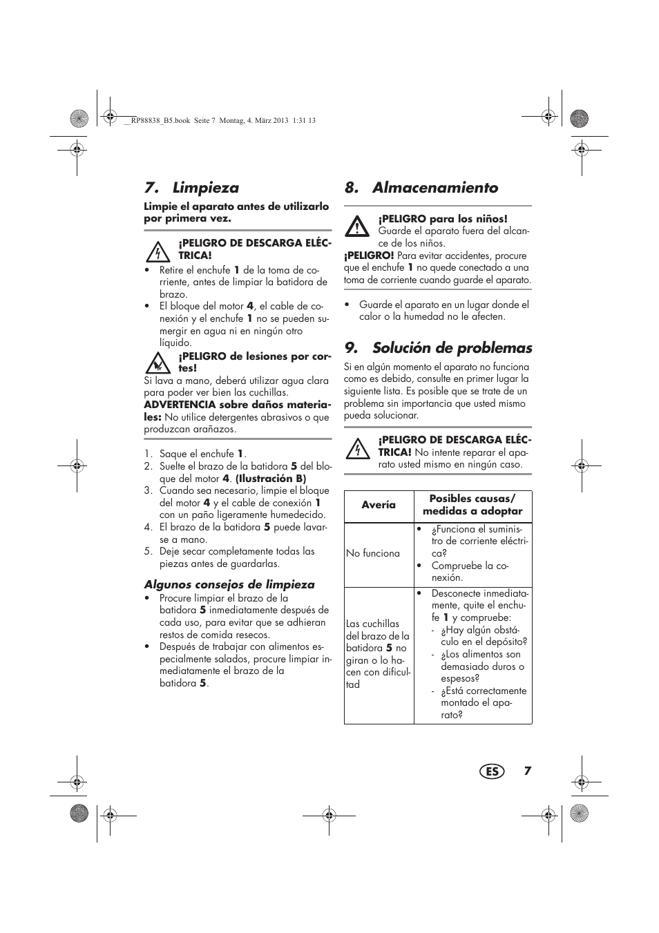 Limpieza, Almacenamiento, Solución de problemas | Silvercrest H-8666 User Manual | Page 9 / 46