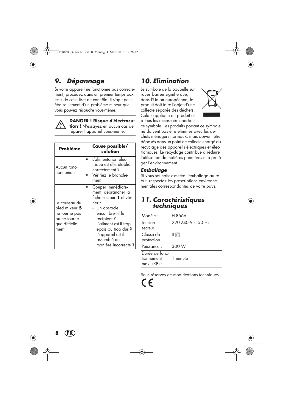 Dépannage, Elimination, Caractéristiques techniques | Silvercrest H-8666 User Manual | Page 10 / 38