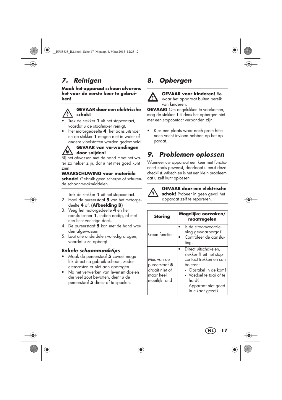 Reinigen, Opbergen, Problemen oplossen | Silvercrest H-8666 User Manual | Page 19 / 38