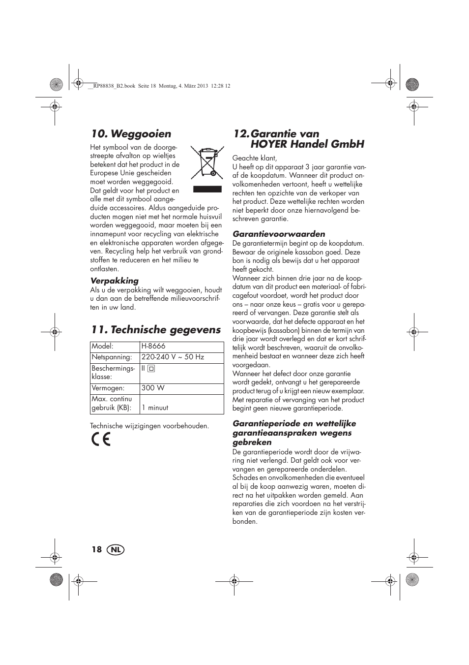 Weggooien, Technische gegevens, Garantie van hoyerhandel gmbh | Silvercrest H-8666 User Manual | Page 20 / 38