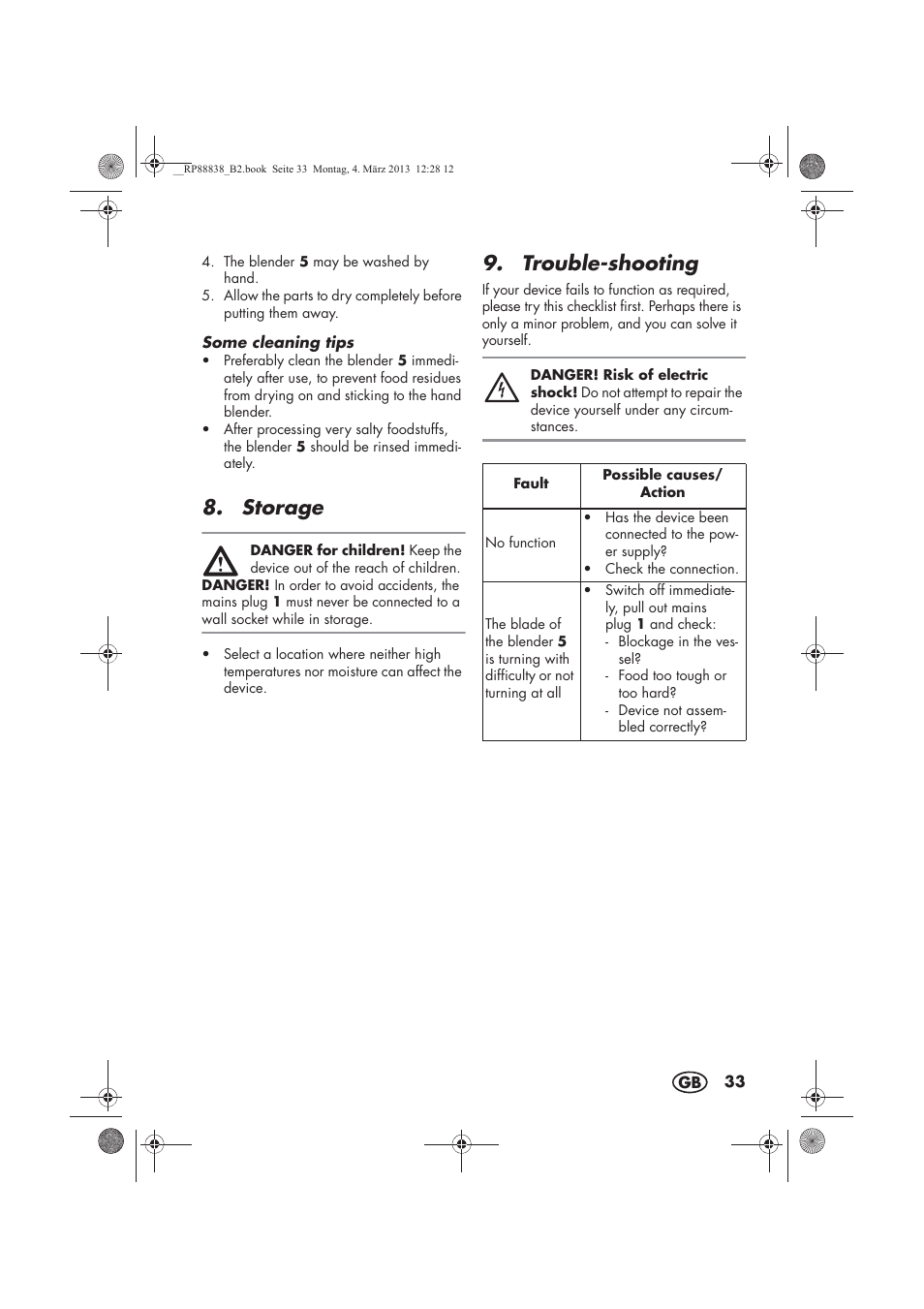 Storage, Trouble-shooting | Silvercrest H-8666 User Manual | Page 35 / 38