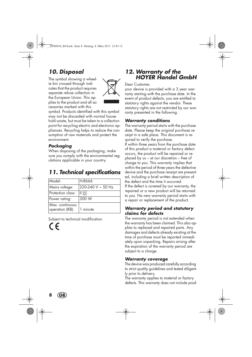 Disposal, Technical specifications, Warranty of the hoyer handel gmbh | Silvercrest H-8666 User Manual | Page 10 / 66