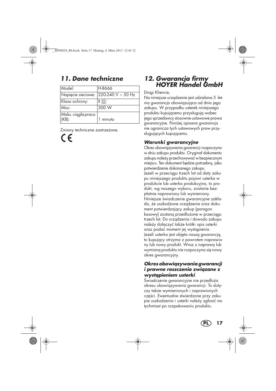 Dane techniczne, Gwarancja firmy hoyer handel gmbh | Silvercrest H-8666 User Manual | Page 19 / 66