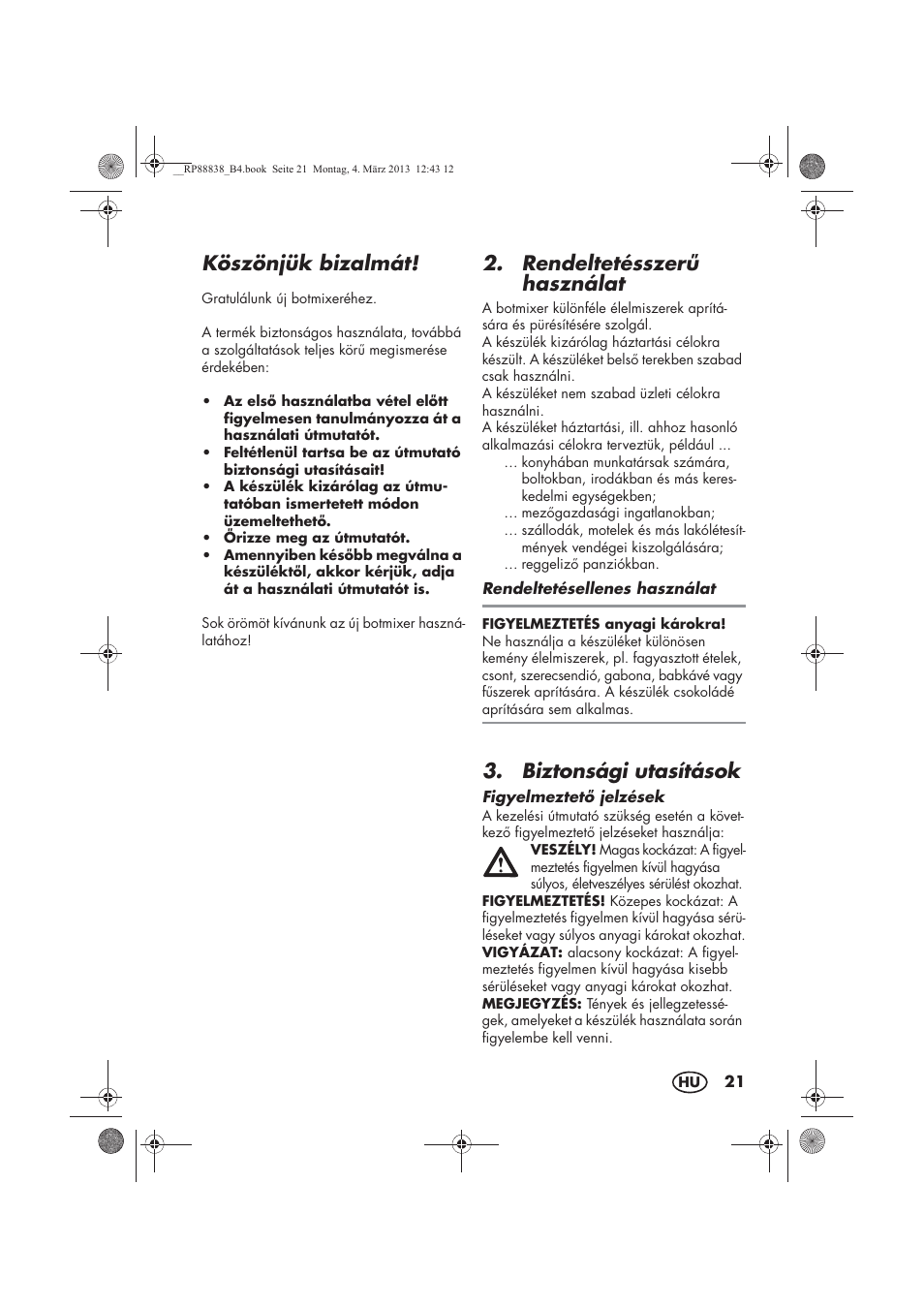 Köszönjük bizalmát, Rendeltetésszer használat, Biztonsági utasítások | Silvercrest H-8666 User Manual | Page 23 / 66