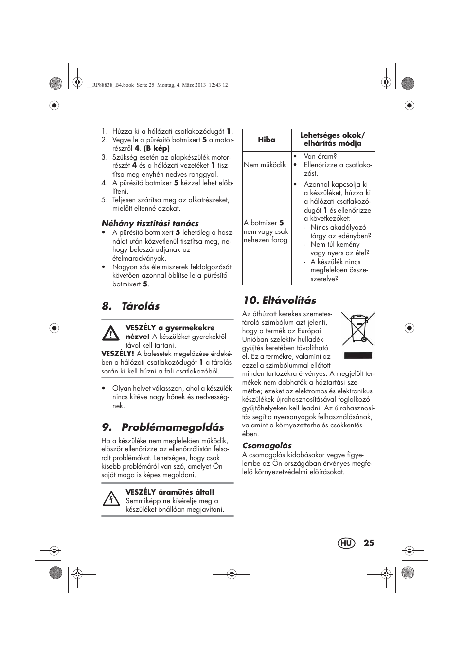 Tárolás, Problémamegoldás, Eltávolítás | Silvercrest H-8666 User Manual | Page 27 / 66