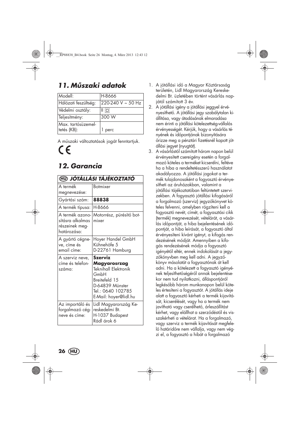 Mszaki adatok, Garancia | Silvercrest H-8666 User Manual | Page 28 / 66