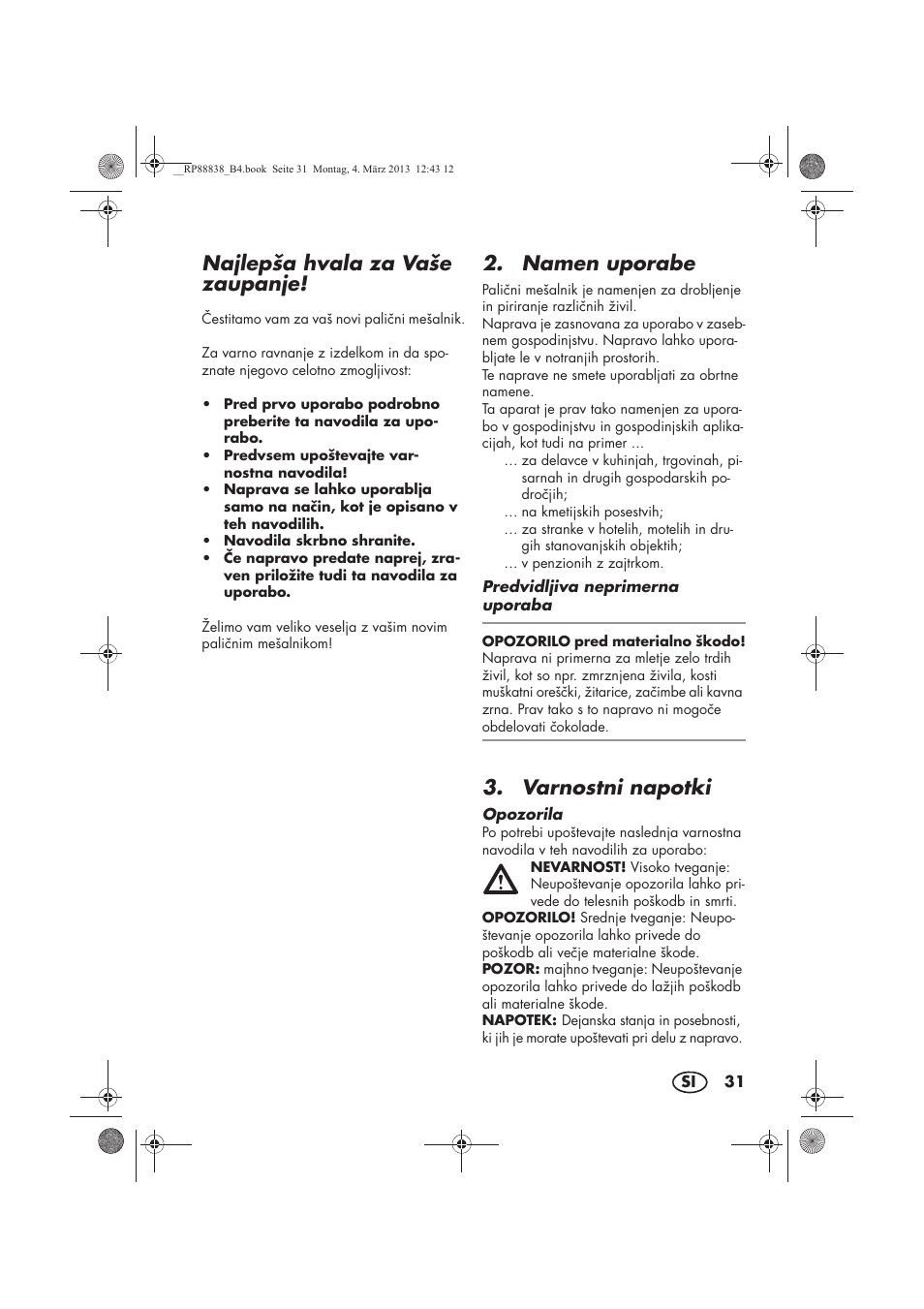 Najlepša hvala za vaše zaupanje, Namen uporabe, Varnostni napotki | Silvercrest H-8666 User Manual | Page 33 / 66