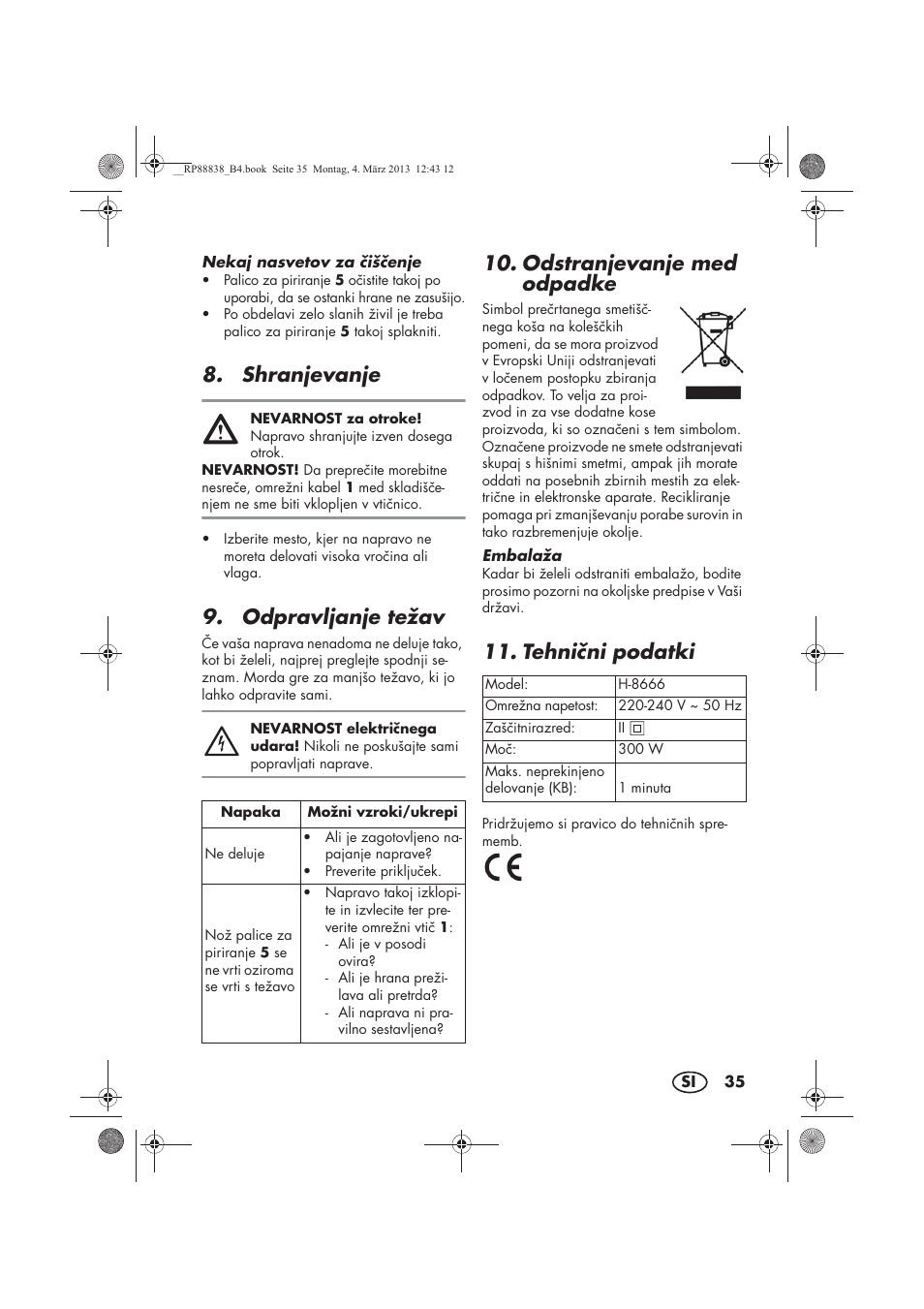 Shranjevanje, Odpravljanje težav, Odstranjevanje med odpadke | Tehnini podatki | Silvercrest H-8666 User Manual | Page 37 / 66