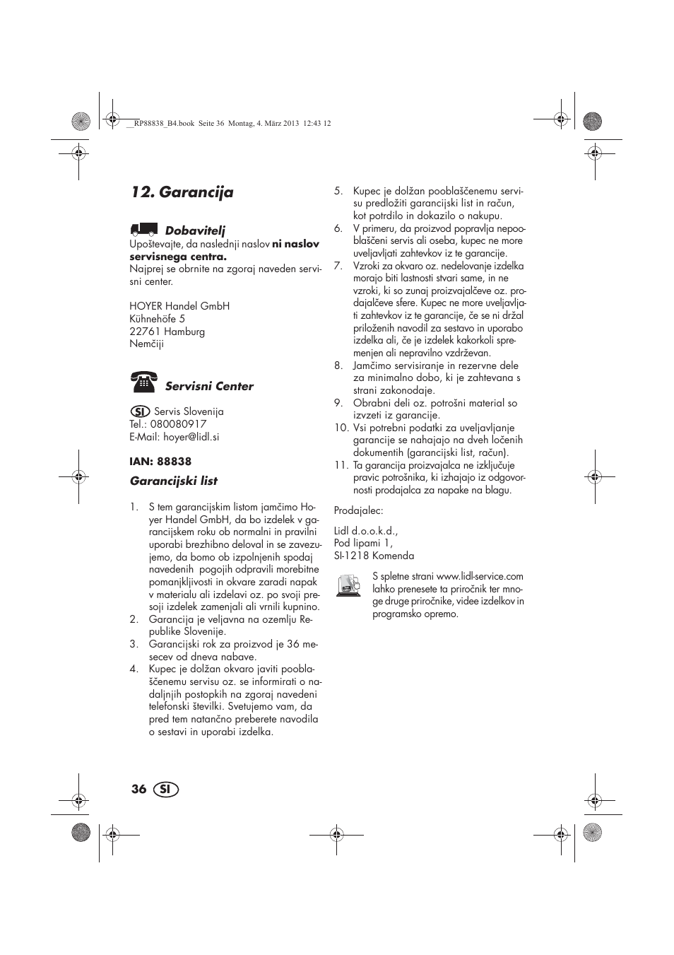 Garancija | Silvercrest H-8666 User Manual | Page 38 / 66