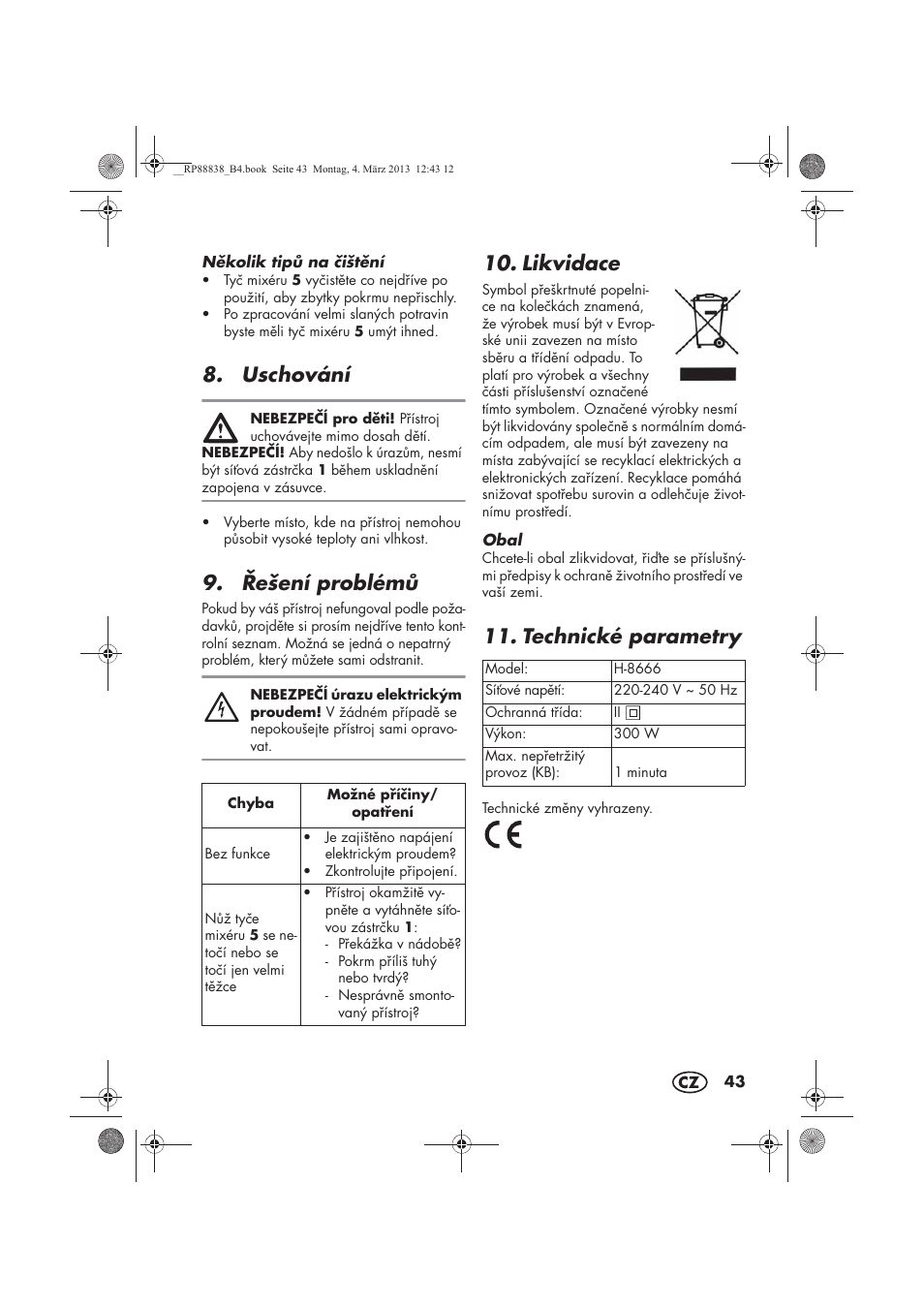 Uschování, ešení problém, Likvidace | Technické parametry | Silvercrest H-8666 User Manual | Page 45 / 66