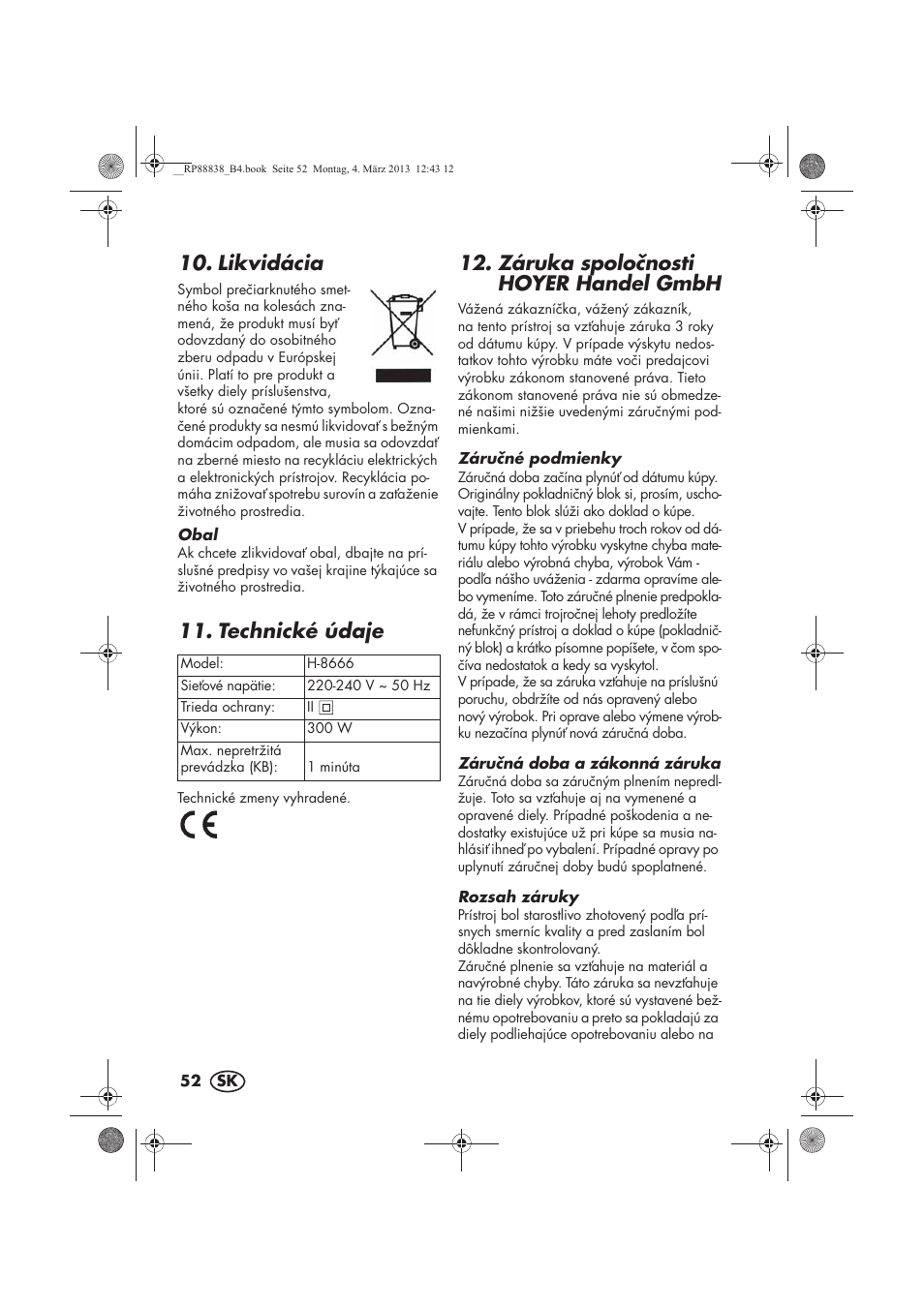 Likvidácia, Technické údaje, Záruka spolonosti hoyer handel gmbh | Silvercrest H-8666 User Manual | Page 54 / 66