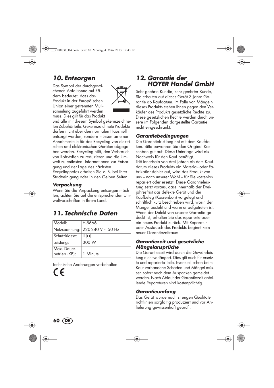 Entsorgen, Technische daten, Garantie der hoyerhandel gmbh | Silvercrest H-8666 User Manual | Page 62 / 66