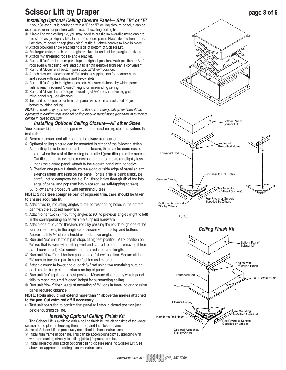 Scissor lift by draper, Page 3 of 6, Installing optional ceiling finish kit | Ceiling finish kit | Draper SLX User Manual | Page 3 / 6