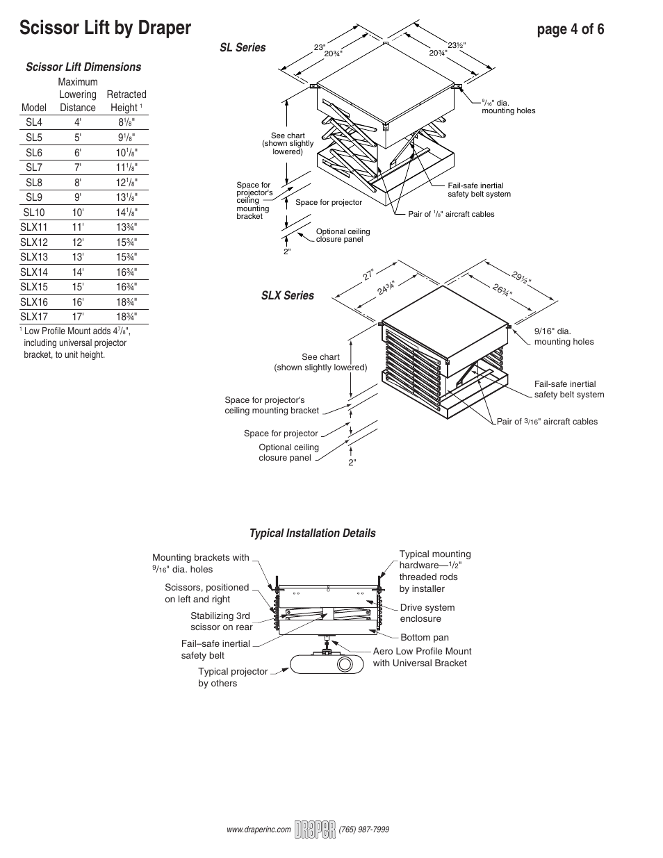 Scissor lift by draper, Page 4 of 6, Sl series slx series typical installation details | Scissor lift dimensions | Draper SLX User Manual | Page 4 / 6