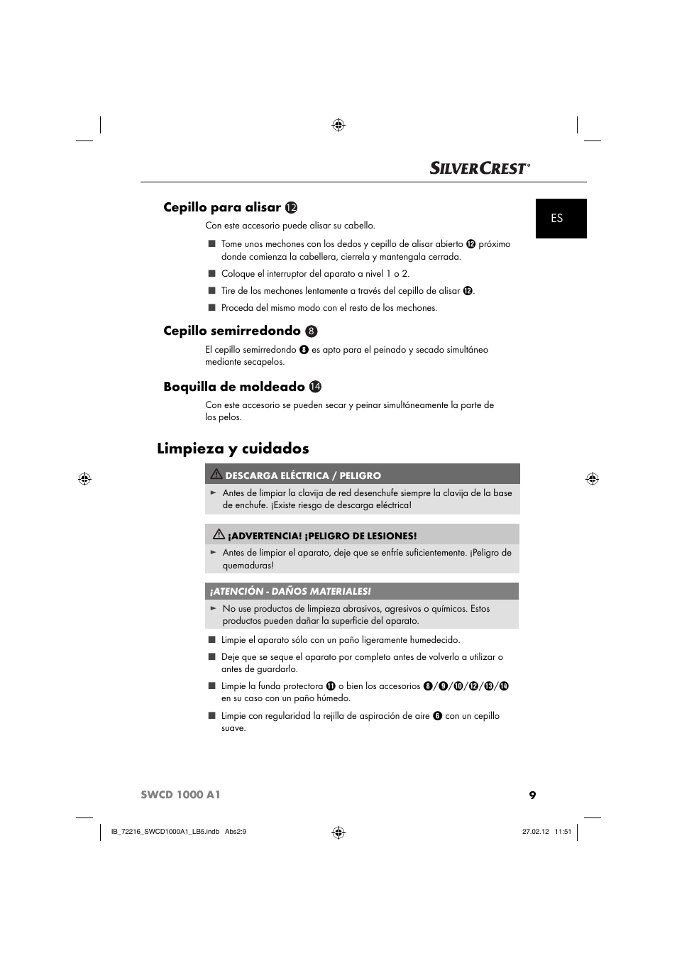 Limpieza y cuidados, Cepillo para alisar, Cepillo semirredondo | Boquilla de moldeado | Silvercrest SWCD 1000 A1 User Manual | Page 11 / 50