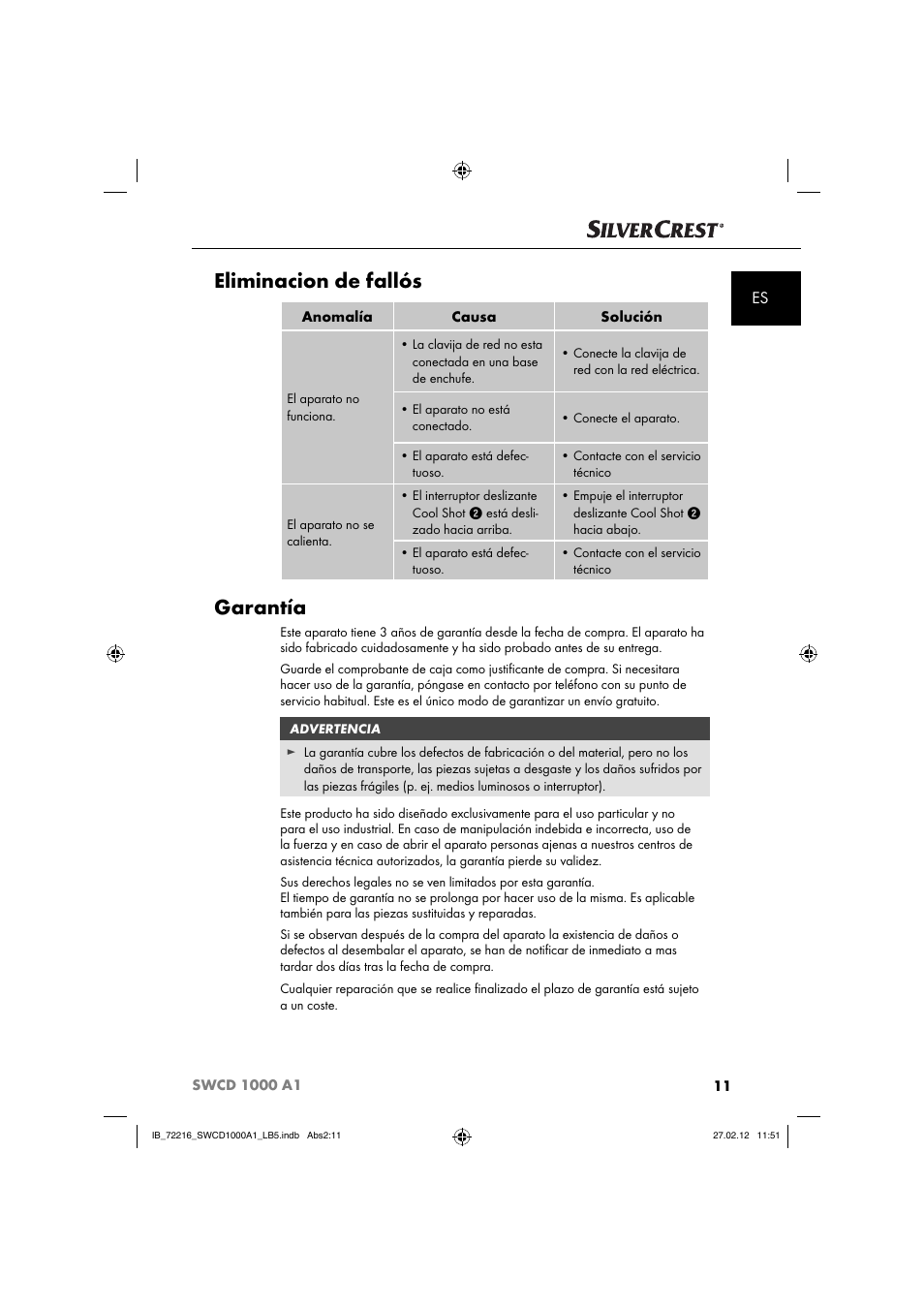 Eliminacion de fallós, Garantía | Silvercrest SWCD 1000 A1 User Manual | Page 13 / 50