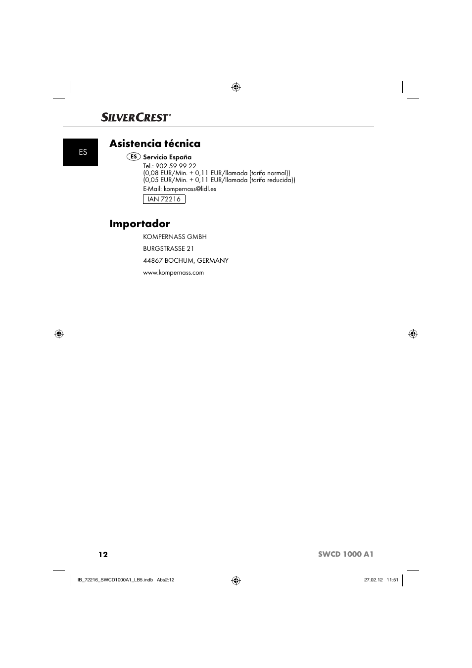 Asistencia técnica, Importador | Silvercrest SWCD 1000 A1 User Manual | Page 14 / 50