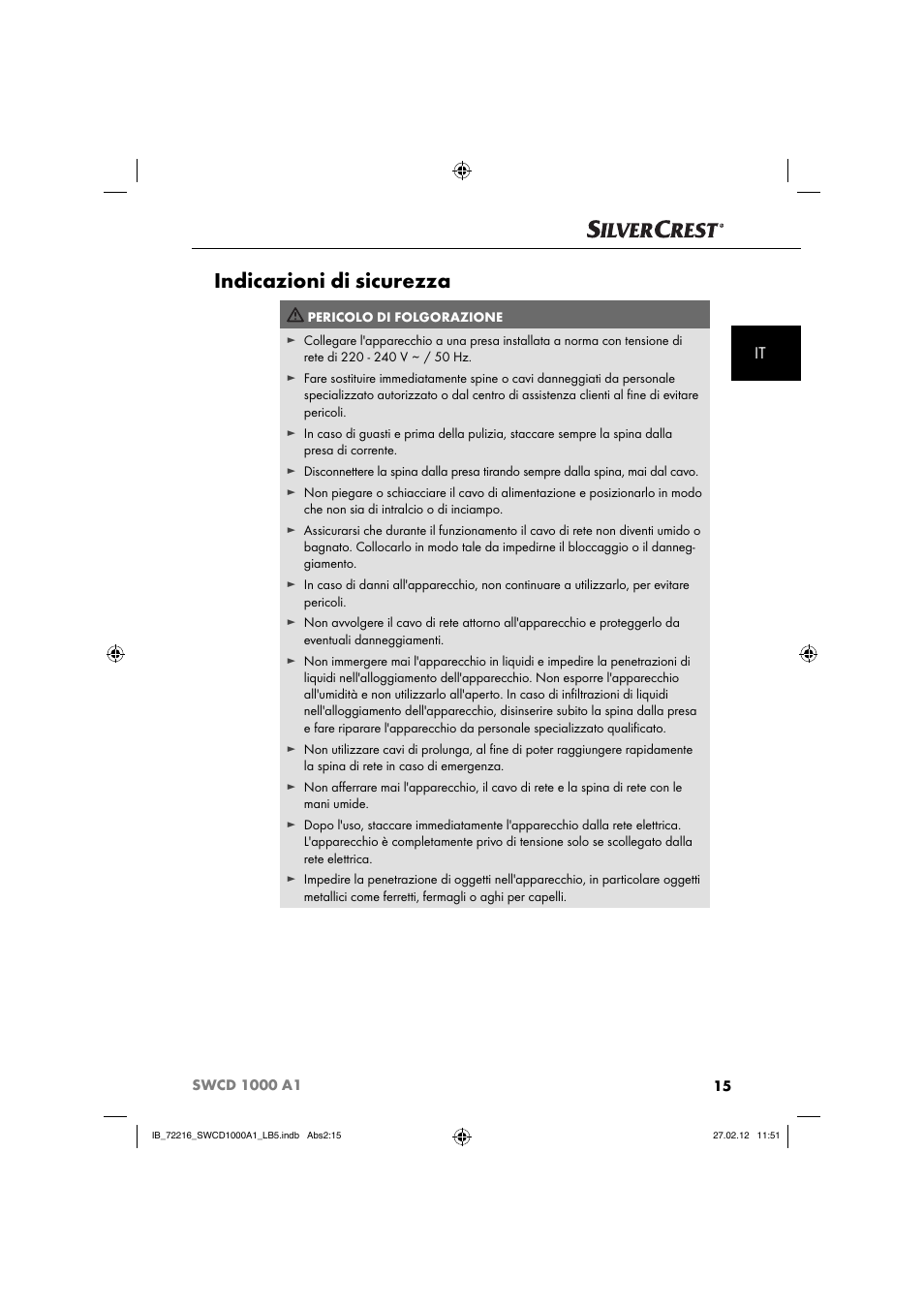 Indicazioni di sicurezza | Silvercrest SWCD 1000 A1 User Manual | Page 17 / 50