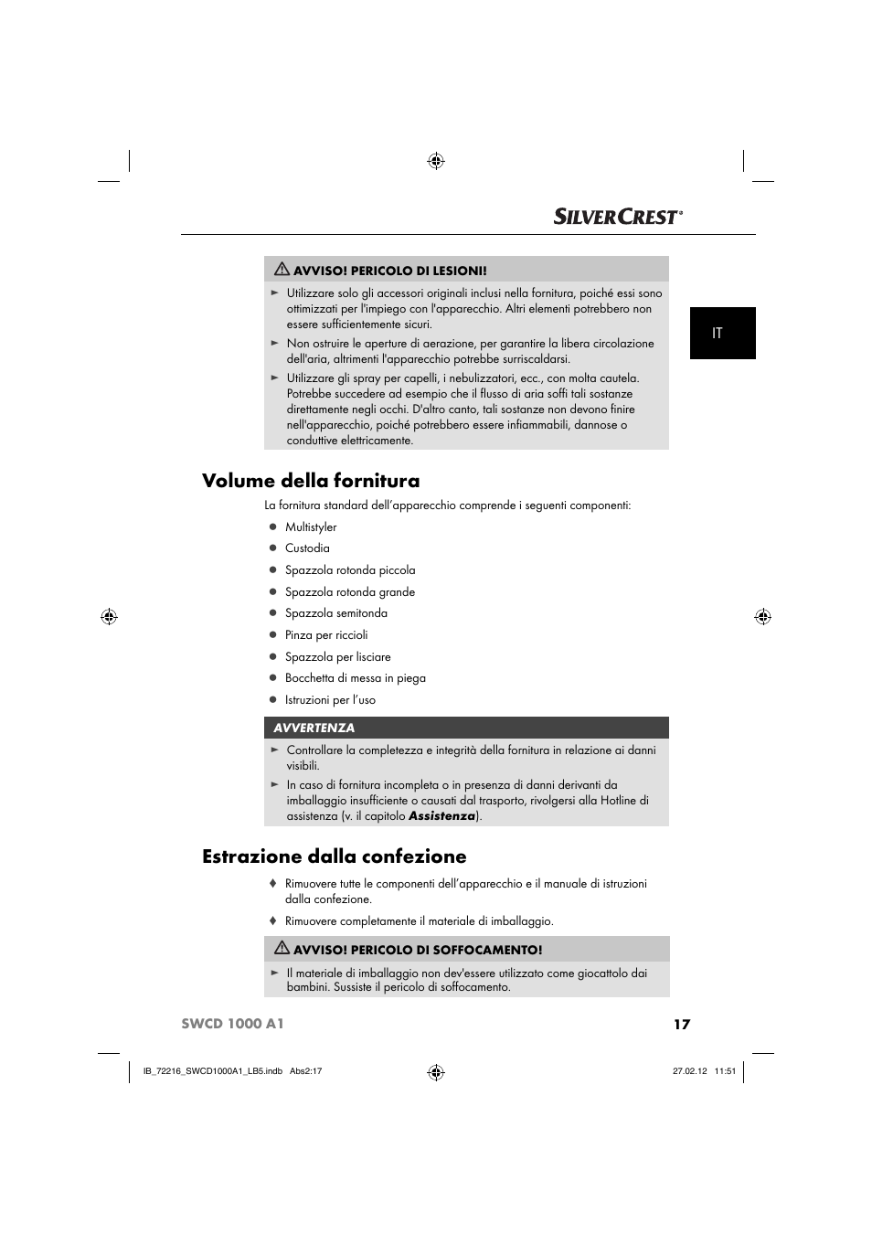 Volume della fornitura, Estrazione dalla confezione | Silvercrest SWCD 1000 A1 User Manual | Page 19 / 50