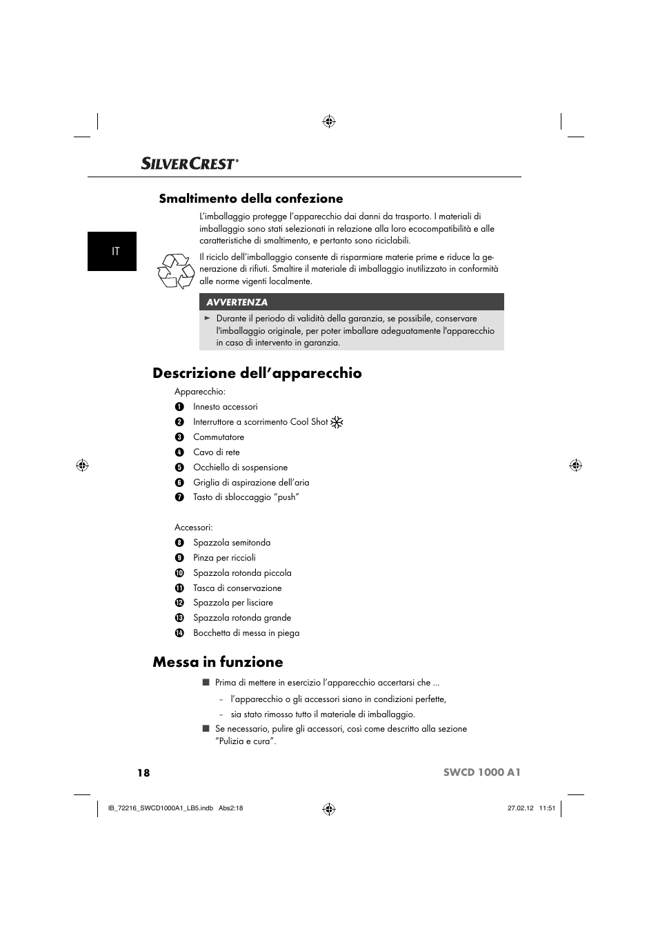 Descrizione dell’apparecchio, Messa in funzione, Smaltimento della confezione | Silvercrest SWCD 1000 A1 User Manual | Page 20 / 50