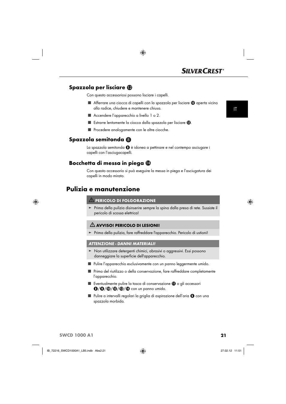 Pulizia e manutenzione, Spazzola per lisciare, Spazzola semitonda | Bocchetta di messa in piega | Silvercrest SWCD 1000 A1 User Manual | Page 23 / 50